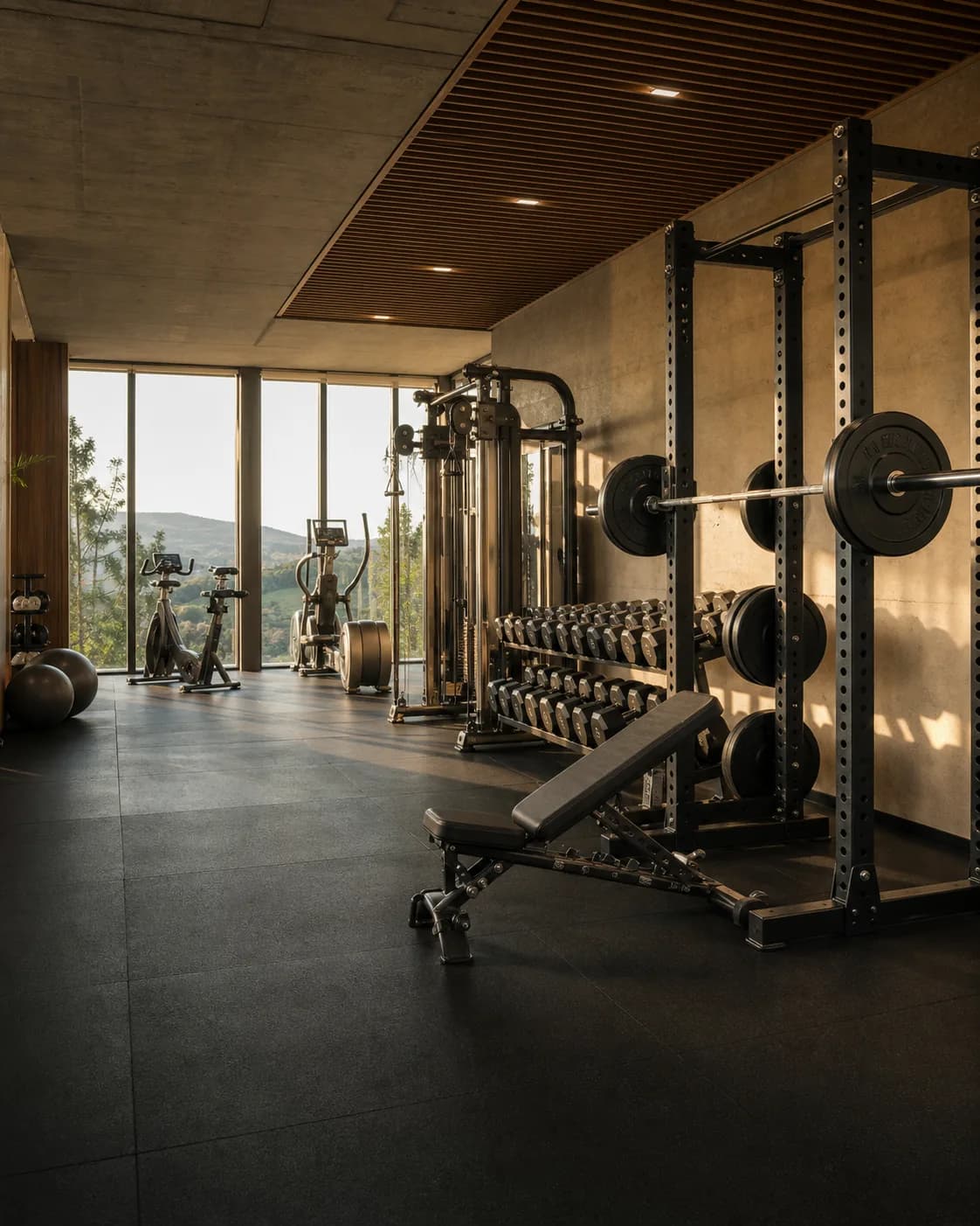 Illustrative modern hotel gym with a squat rack, cable station and free weights