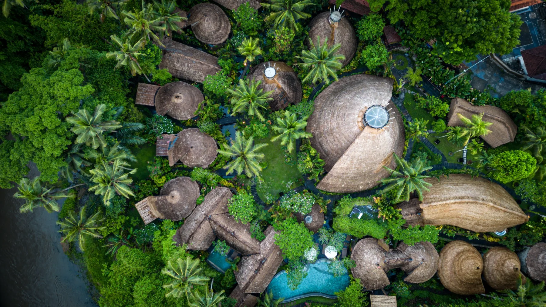 Aerial view of Fivelements Retreat Bali buildings and tropical gardens