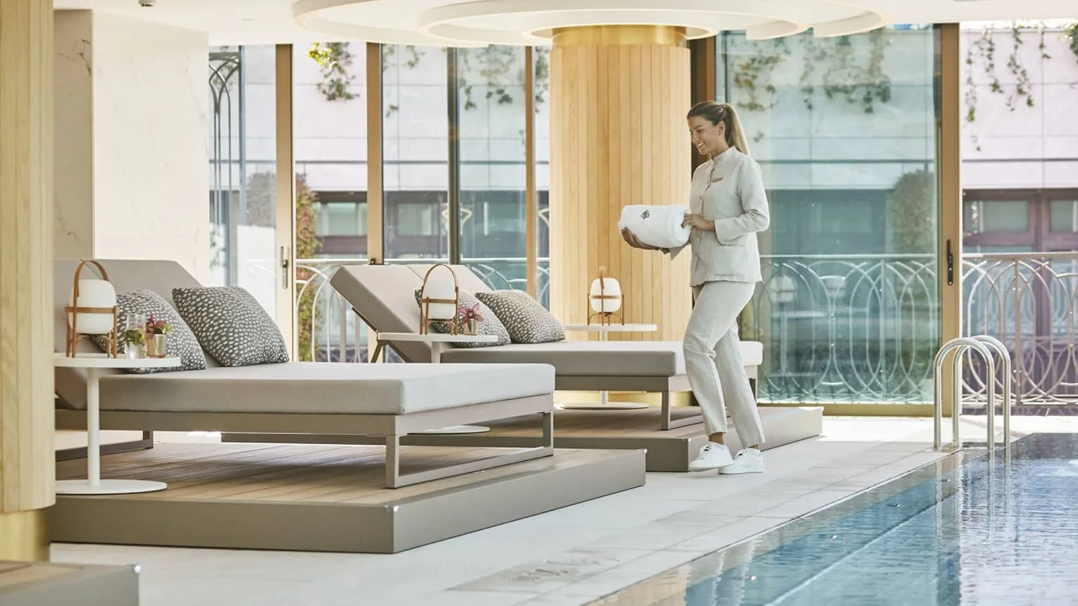 Indoor pool deck at Four Seasons Hotel Madrid.